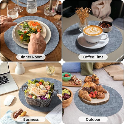 15 inch Faux Leather Round Placemats Set of 4 Non-Slip Washable Wipeable Table Mats, Heat Resistant Waterproof Oilproof Place Mats for Kitchen, Dining, Party, Indoor, Outdoor Blue
