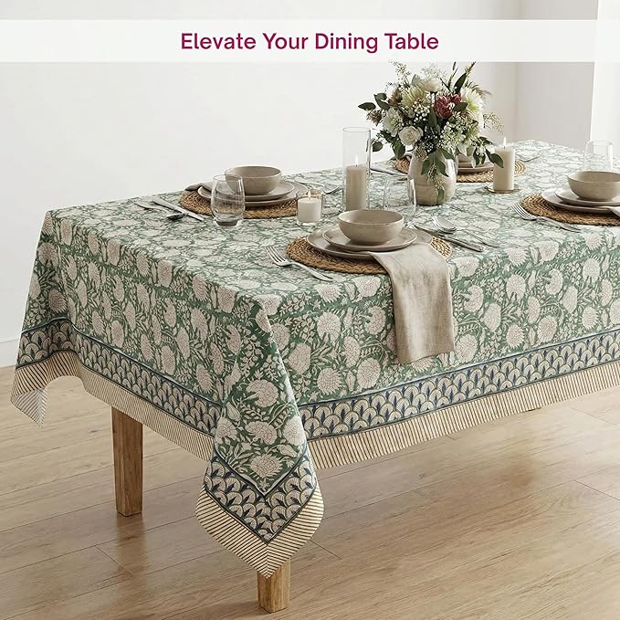 ATOSII Jade 100% Cotton Rectangle Boho Fall Tablecloth, Handblock Floral Table Cloth Linen for Kitchen Dining I Parties Wedding Outdoors Thanksgiving Easter Picnics I 72 X 108 Inches I 8 Seater