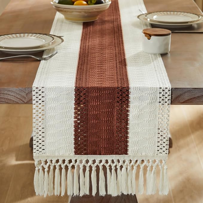 Macrame Style Bicolor Stitching Table Runner 14x90in Terracota | Woven Boho - Image 3