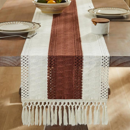 Macrame Style Bicolor Stitching Table Runner 14x36in Terracota | Woven Boho - Image 3