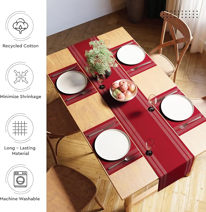 Encasa XO Table Runner, Yarn Dyed Ribbed Cotton 13"x72" | Ladder Red, 12-Ply - Image 3