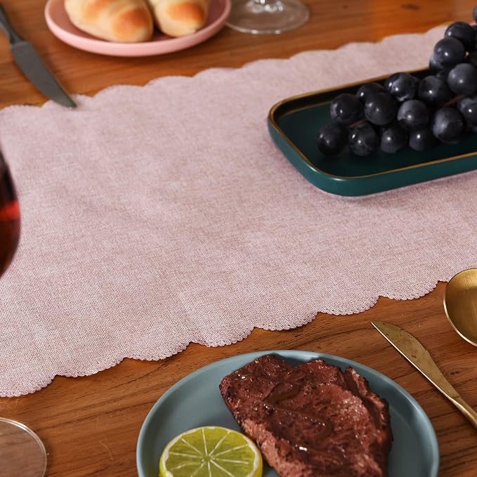 Pink Cotton Table Runner 13 x 90 in Long Farmhouse Scallop Style | Dresser - Image 6