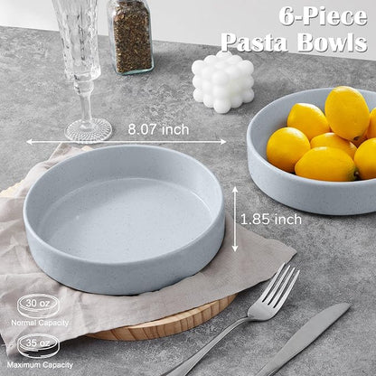 E-far Pasta Bowls Set of 6, 35 oz Large Stoneware Bowl Plates | Shallow & Wide - Image 2