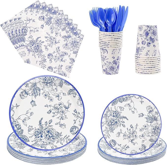 175Pcs Blue Floral Paper Plates and Napkins 25 Guests Blue Toile Chinoiserie by FromTablestoTales