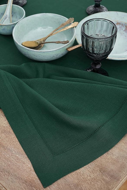 Solino Home Linen Tablecloth 60 x 120 Inch - Classic Hemstitch 100% Pure Linen Rainforest Green Table Cloth for Rectangle Tables - Machine Washable Tablecloth for St Patricks Day