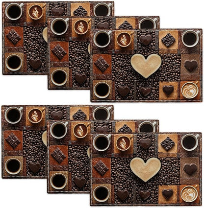 Coffee Placemats Set of 6, Cafe Table Mats, Washable Place Mats for Coffee Bar Home Party Indoor Kitchen Dining Table Decoration 12x18 Inch