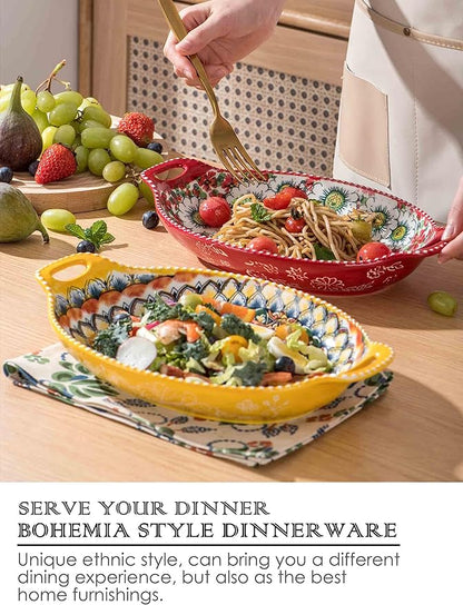 Henten Home Pasta Bowls with Handle, 32 oz Porcelain Salad Bowls Set of 4, Ceramic Colorful Serving Dishes for Dinner, Vegtable, Fruit, Microwave & Dishwasher Safe