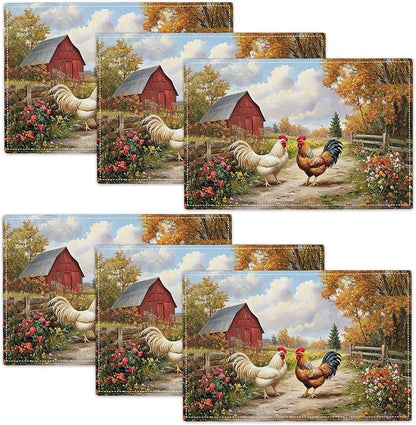 Farmhouse Rooster Placemats Set of 6, Farm Chicken Place Mats, Rustic Farm Coop Waterproof Washable Table Mats for Home Party Indoor Kitchen Dining Table Decoration 12x18 Inch