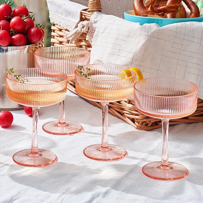 Khen Pink Peach Acrylic Ribbed Coupe Martini Champagne Cocktail Glasses by Khen
