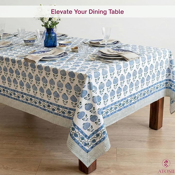 ATOSII Roma Blue 100% Cotton Boho Rectangle Fall Tablecloth, Handblock Floral Print Table Cloth Linen for Kitchen Dining I Parties, Outdoors, Weddings, Christmas, Thanksgiving Decor 60 X 90 Inches