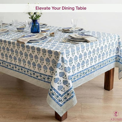 ATOSII Roma Blue 100% Cotton Boho Rectangle Fall Tablecloth, Handblock Floral Print Table Cloth Linen for Kitchen Dining I Parties, Outdoors, Weddings, Christmas, Thanksgiving Decor 60 X 108 Inches