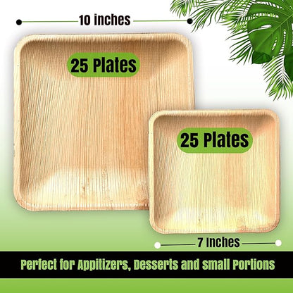 Palm Leaf Plates 10 Inch & 7 Inch (50-Pack), Square Bamboo Plates Disposable, Eco-Friendly, Biodegradable & Compostable Bamboo Appetizer Plates, Perfect Dinnerware for Desserts, Snacks, & Parties