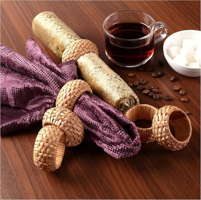Woven Jute Napkin Rings, Natural Rattan | Handmade rattan, plastic base by CLEENTABLE