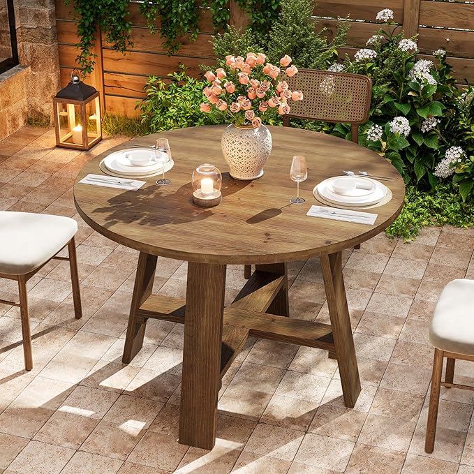39.4" Round Dining Table for 2–4 People, Solid Wood Farmhouse Kitchen Table with Natural Wood Grain for Dining Room, Rustic Brown