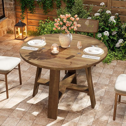39.4" Round Dining Table for 2–4 People, Solid Wood Farmhouse Kitchen Table with Natural Wood Grain for Dining Room, Rustic Brown