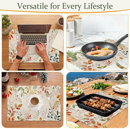 Fall Leaves Fabric Placemats,Autumn Watercolor Leaf Table Placemats Set of 6 Cloth Place Mats, Washable Heat-Resistant Table Mats for Home Kitchen Dining Room Decoration 11.8x17.7 Inch