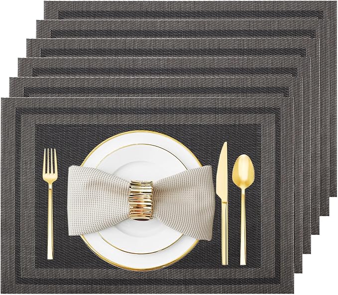 Black Gold Vinyl Placemats Set of 6, Heat Resistant Table Placemats | 18x12 by Uolr