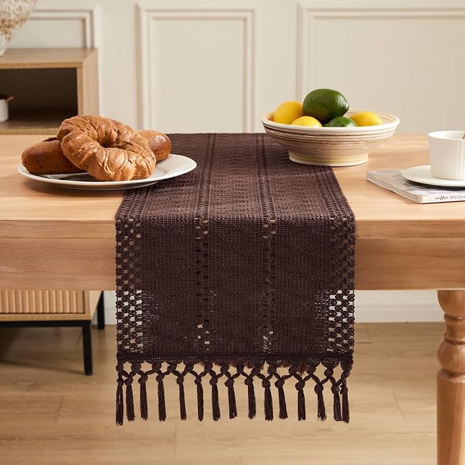 Macrame Style Boho Table Runner, 12x60 Inch Chocolate | Woven Boho Table Runner - Image 2