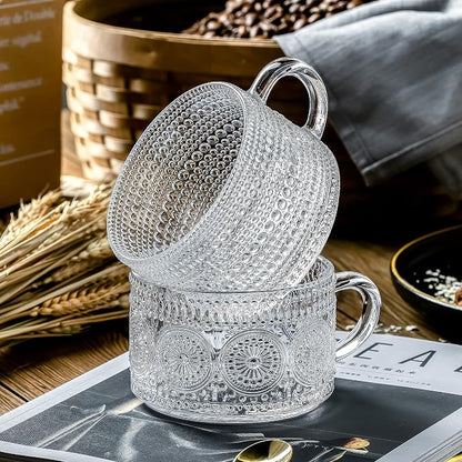 Gezzeny Vintage Glass Coffee Mugs 14 Oz Set of 2 Clear Embossed Tea Cups - Image 4