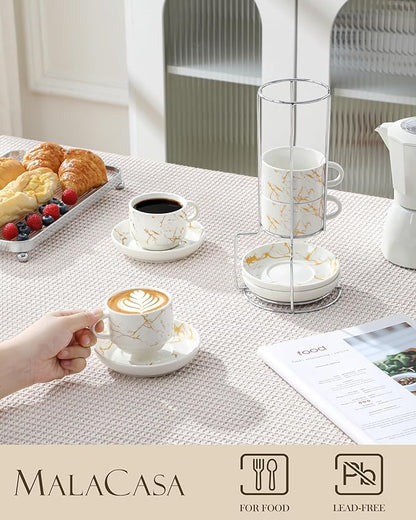 MALACASA 4 OZ Porcelain Espresso Cups with Saucers and Metal Stand Set of 4, Stackable Cappuccino Cups, Marble White Expresso Shots Cup Set for Coffee Drinks, Latte, Tea