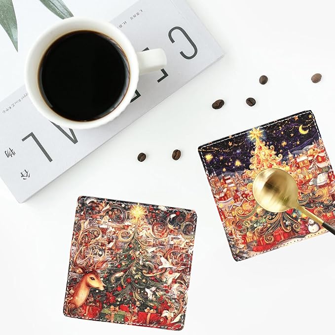 Christmas Coasters Square Leather Drinks Coaster Set - Image 6