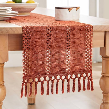 Macrame Style Boho Table Runner, 12x36 Inch Rust | Woven Boho Table Runner - Image 7