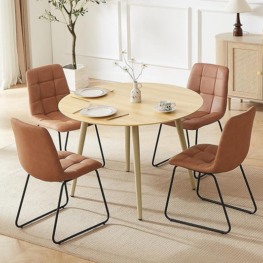 43.3 Inch Round Dining Table Set for 4, Modern Small Kitchen Coffee Set for Dining Room Kitchen Apartment (Cream Table+4 U-Shaped Brown Chairs)