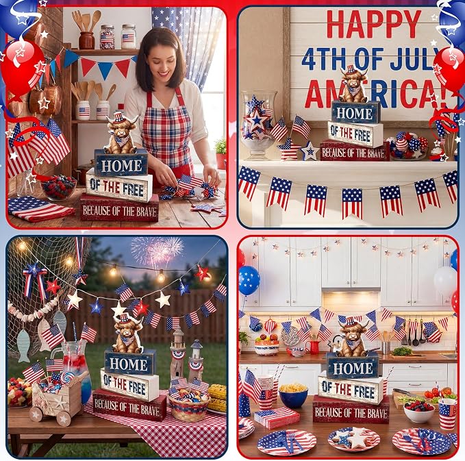 Moucuny 4 Pcs 4th of July Decorations Patriotic Highland Cow Wooden Block Sign - Image 5