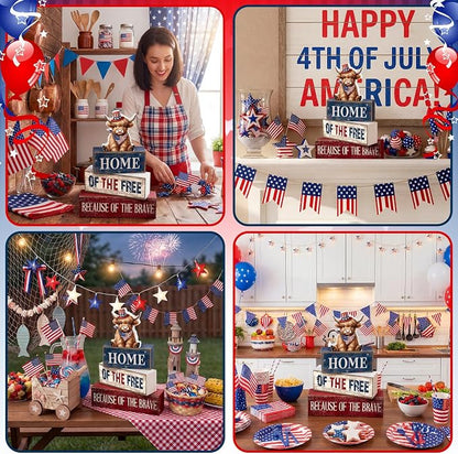Moucuny 4 Pcs 4th of July Decorations Patriotic Highland Cow Wooden Block Sign - Image 5