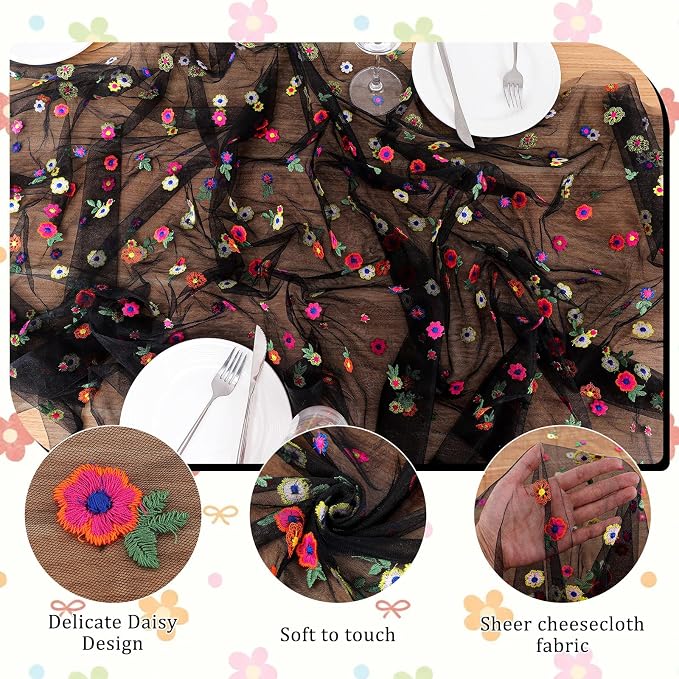 BINBE 6pcs Black Daisy Spring Table Runner Embroidery Gauze 10FT Florals - Image 6