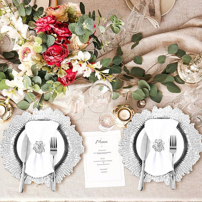 Dandat 48 Pcs Charger Plate Bulk 13'' Floral Reef Plates with Napkin Ring Plastic Dinner Charger Hollow Out Flower Napkin Holder Plastic Plate for Table Setting Wedding Party (Silver)