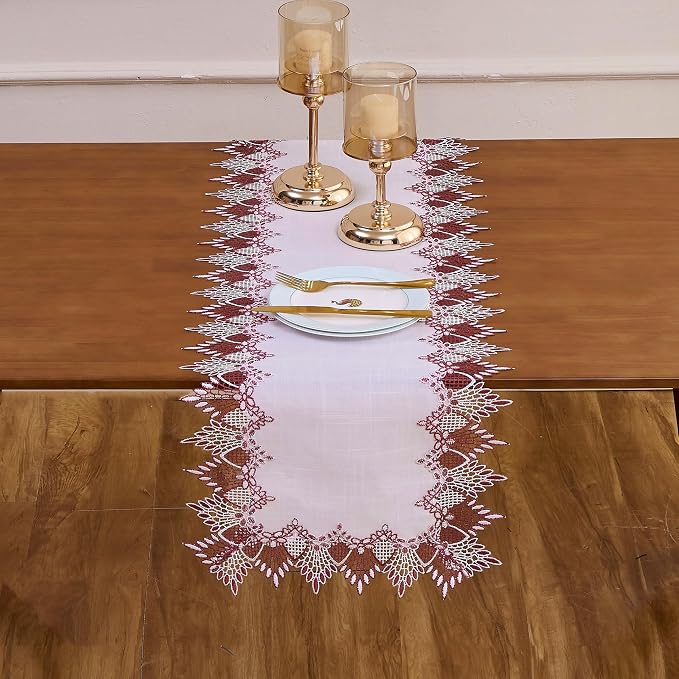 White Linen Lace Table Runners, Dresser Scarf | Red White Lace edge, Wedding - Image 2