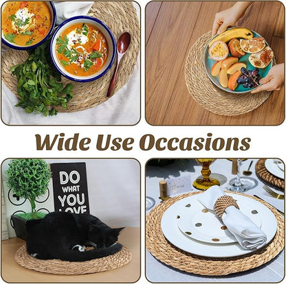 Kochorie Set of 24 Round Woven Placemats 12 Inches Bulrush Placemats Natural Hand-Woven Boho Rattan Placemats Wicker Table Mats Farmhouse Weave Place Mats for Home Dining Table