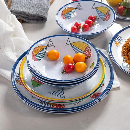 Melamine Dinnerware set for 4, Plates and Bowls Sets, Great for Camper, RV, Indoors Outdoors Use with Ocean Printed, Unbreakable