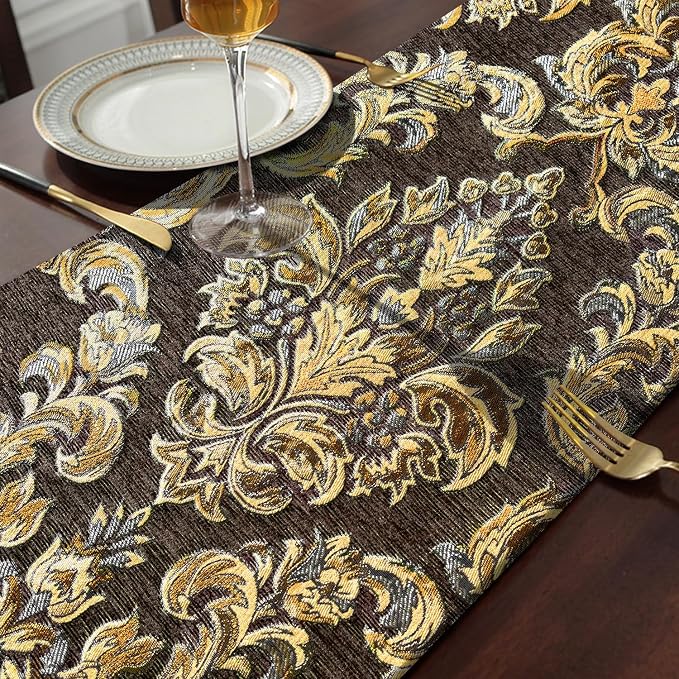 Sophisticated Jacquard Dark Brown Chenille Table Runner 84 inches Long | - Image 5
