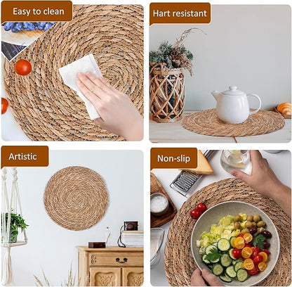 GENMOUS Woven Placemats Set of 10,12" Round Placemats Natural Water Hyacinth Boho Placemats,Farmhouse Rattan Chargers for Dinner Plates,Rustic Braided Wicker Table Mats for Dining Table,Home,Wedding