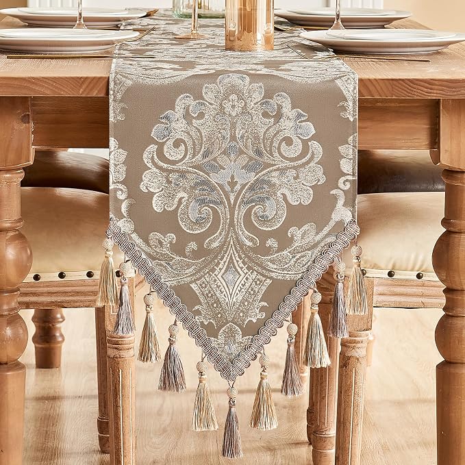 Loom and Mill Damask Floral Table Runner 90 Inches Long, Light Coffee | Luxury by LoomandMill