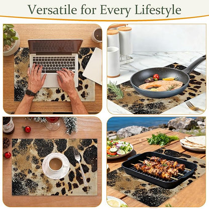 Vintage Leopard Print Fabric Placemats,Gold Glitter Table Placemats Set of 6 Cloth Place Mats, Washable Heat-Resistant Table Mats for Home Kitchen Dining Room Decoration 11.8x17.7 Inch