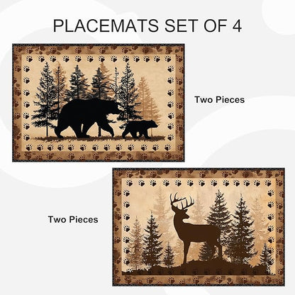 Bear and Deer Placemats Set of 4 Washable Table Place Mats for Dining Kitchen Party Decor