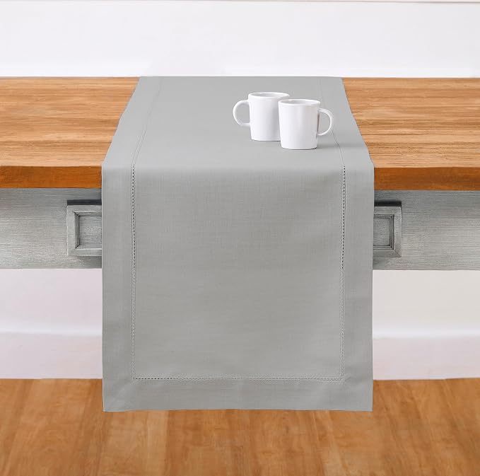 Solino Home Cotton Linen Table Runner Light Grey Hemstitch, 14 x 108 in | by SolinoHome