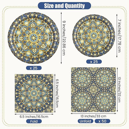Kochorie 100 Pieces Bohemian Style Paper Plates and Napkins Set Vintage Bohemian Decorative Paper Plates (25 x 7 Inch & 25 x 9 Inch) Boho Tableware Set for Daily Use Party Kitchen Wedding Decor