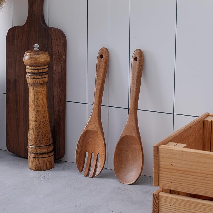 2 pcs Wooden Spoons for Cooking, 10.5 Inch wooden Salad servers of ladle and - Image 3