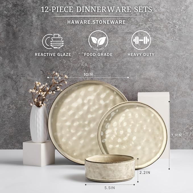 HaWare Dinnerware Sets, 12-Piece Plates and Bowls Set, Saturn Khaki | Stoneware - Image 2