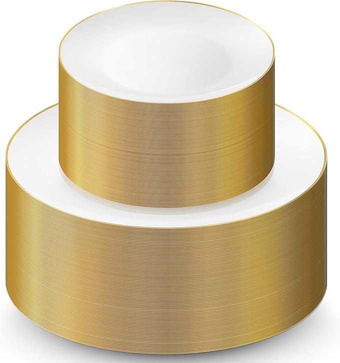100 Gold Plastic Plates Set, Elegant Fancy Heavy Duty by Munfix