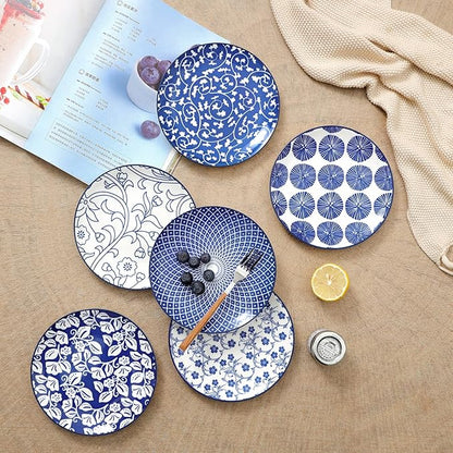 Selamica Ceramic Dessert Plates Set of 6, 6 Inch Appetizer Plates for Kitchen, Microwave & Dishwasher Safe, Vintage Blue