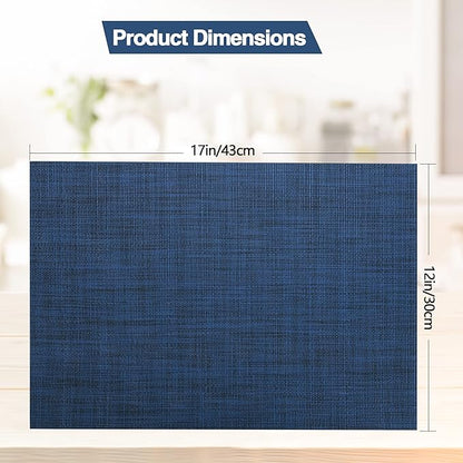 SLKQG Navy Blue Placemats Set of 6 - Easy Clean Washable Vinyl Placemats - Wipeable Heat Resistant Table Mats for Dining Table - 17x12 Inch (Navy Blue, 6)