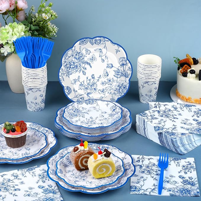 Kochorie 144 Pieces Blue Floral Paper Plates and Napkins Party Supplies - Image 4