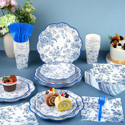 Kochorie 144 Pieces Blue Floral Paper Plates and Napkins Party Supplies - Image 4