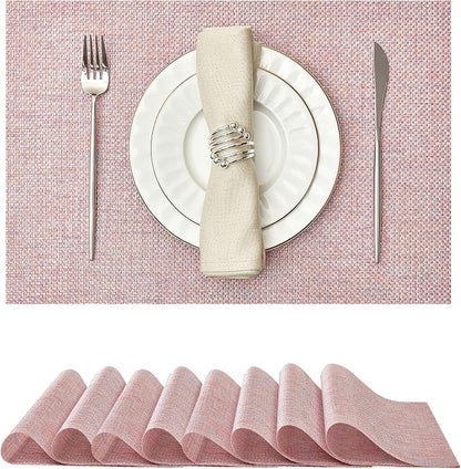 Leetaltree Luxury Pink Iridescent Placemats Set of 8 - Waterproof Washable for Wedding, Anniversary, Festive and Daily Use - Sparkling Table Mats Table Decor - Hand-Cut