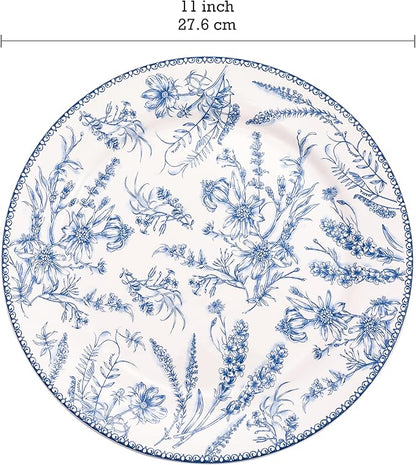 Bico Blue Garden Toile De Jouy Dinner Plates Set of 4, 11 Inch Large Ceramic Plates for Pasta, Steak, Stylish Serving Dishes, Microwave and Dishwasher Safe, Gift for Housewarming and Thanksgiving